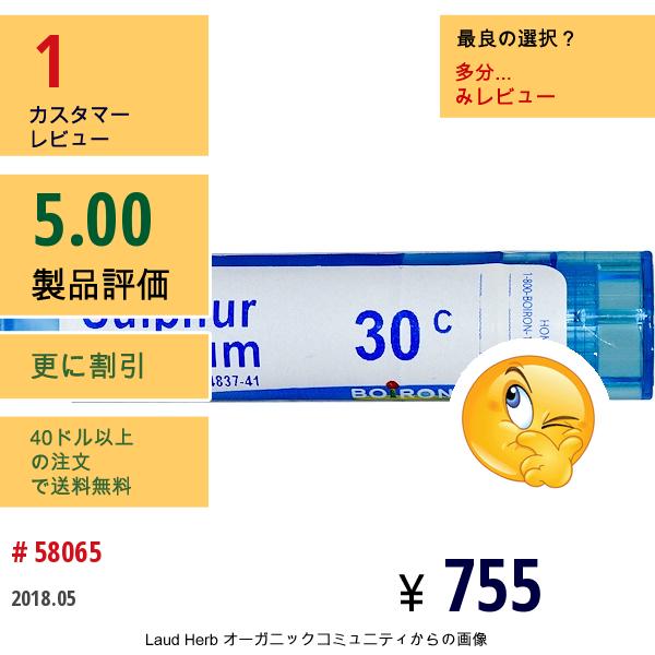 Boiron, Single Remedies, Sulphur Iodatum（サルファ ロダタム）、30C、約80ペレット