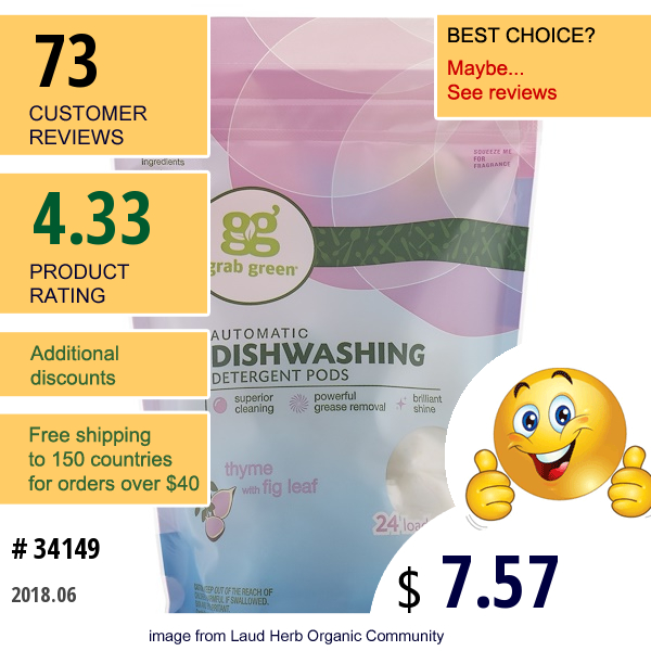 Grabgreen, Automatic Dishwashing Detergent Pods, Thyme With Fig Leaf, 24 Loads, 15.2 Oz (432 G)