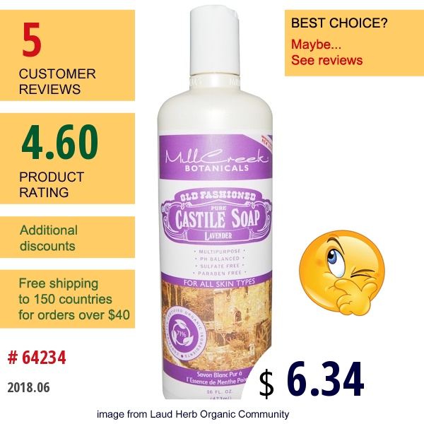 Mill Creek, Old Fashioned Pure Castile Soap, Lavender, 16 Fl Oz (473 Ml)  