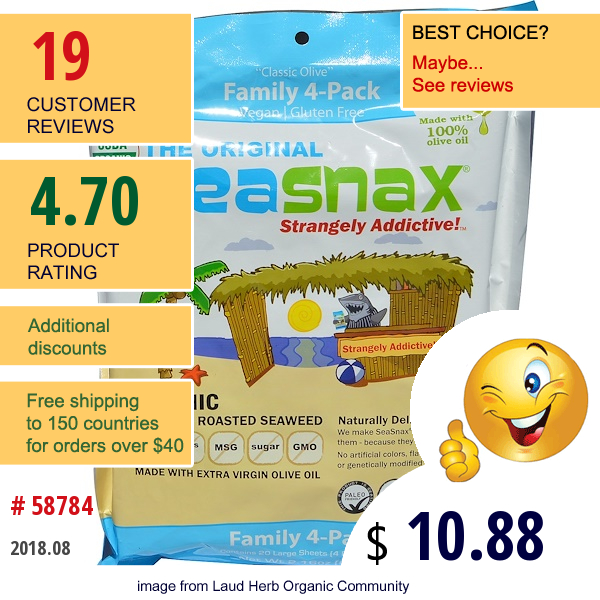 Seasnax, Organic Premium Roasted Seaweed, The Original, 20 Large Sheets, 2.16 Oz (60 G)