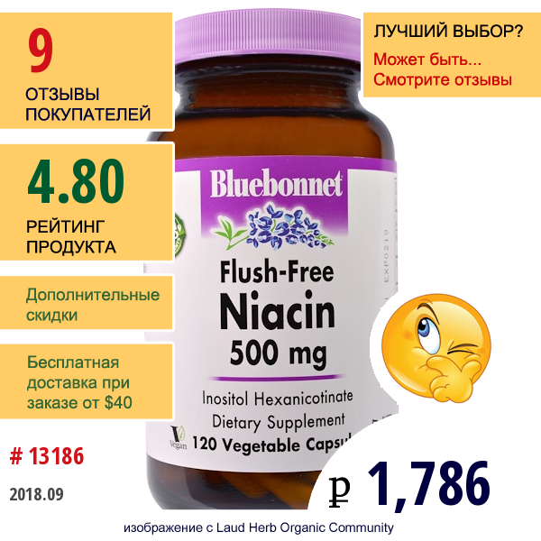 Bluebonnet Nutrition, Ниацин, Не Содержащий Инфузата, 500 Мг, 120 Капсул В Растительной Оболочке