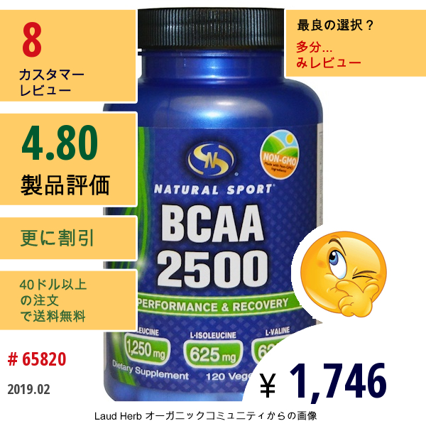 Natural Sport, Bcaa 2500、 120 植物性カプセル