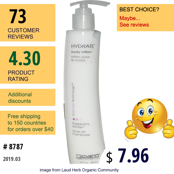Giovanni, Hydrate, Body Lotion, Raspberry Winter, 8.5 Fl Oz (250 Ml) Giovanni, Hydrate, Body Lotion, Raspberry Winter, 8.5 Fl Oz (250 Ml)