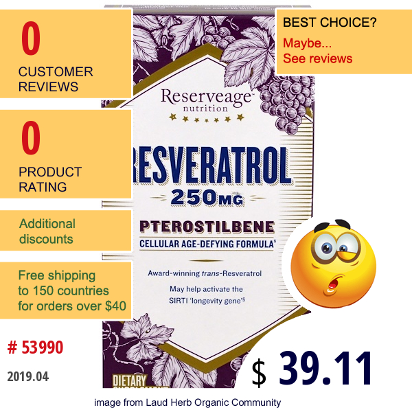 Reserveage Nutrition, Resveratrol, Pterostilbene, 250 Mg, 60 Veggie Capsules  