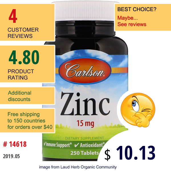 Carlson Labs, Zinc, 15 Mg, 250 Tablets