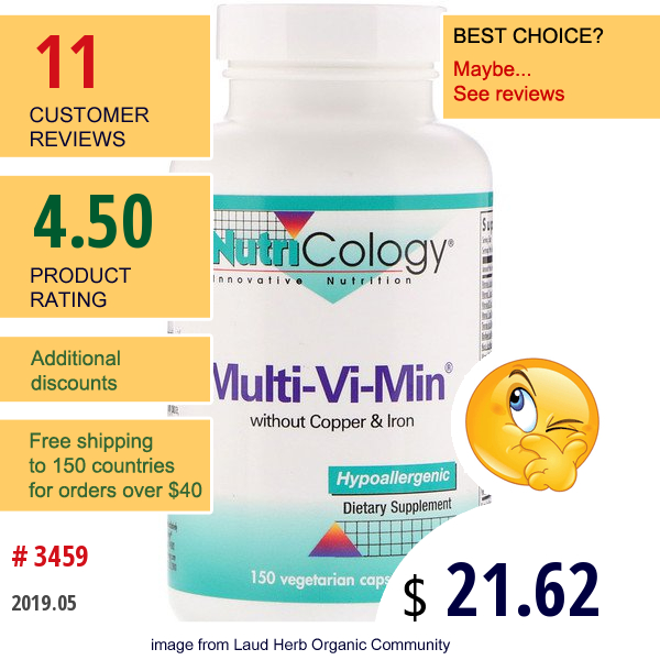 Nutricology, Multi-Vi-Min Without Copper & Iron, 150 Vegetarian Capsules