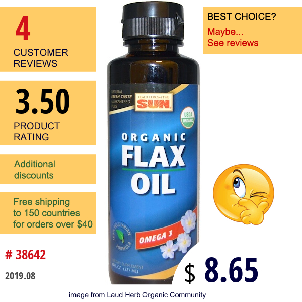Health From The Sun, Organic Flax Oil , 8 Fl Oz (237 Ml)  