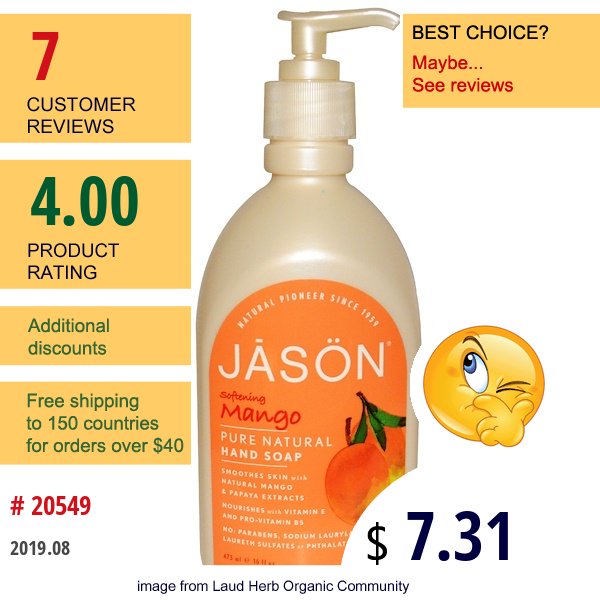 Jason Natural, Pure Natural Hand Soap, Softening Mango, 16 Fl Oz (473 Ml)  
