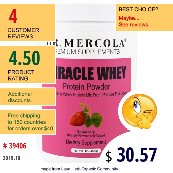 Dr. Mercola, Miracle Whey, Protein Powder, Strawberry, 1 Lb (454 G)  
