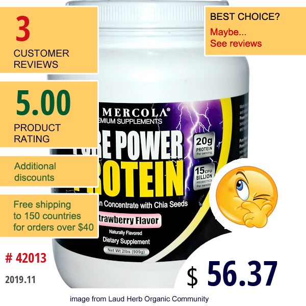 Dr. Mercola, Premium Supplements, Pure Power Protein, Strawberry Flavor, 2 Lbs (909 G)  