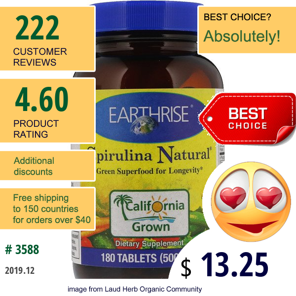 Earthrise, Spirulina Natural, 500 Mg, 180 Tablets