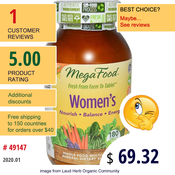 Megafood, Women'S, Whole Food Multivitamin & Mineral, 180 Tablets  