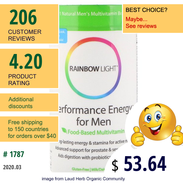 Rainbow Light, Performance Energy For Men, Food-Based Multivitamin, 180 Tablets