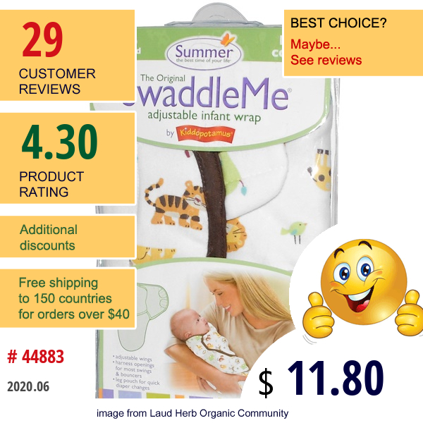 Summer Infant, Swaddleme, Adjustable Infant Wrap, Small/Med, 7-14 Lb, Jungle, White  