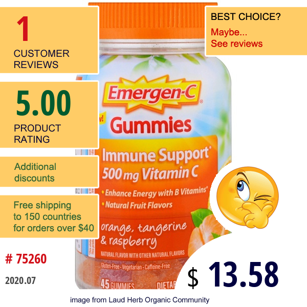 Emergen-C, Gummies, Orange, Tangerine & Raspberry, 45 Gummies  