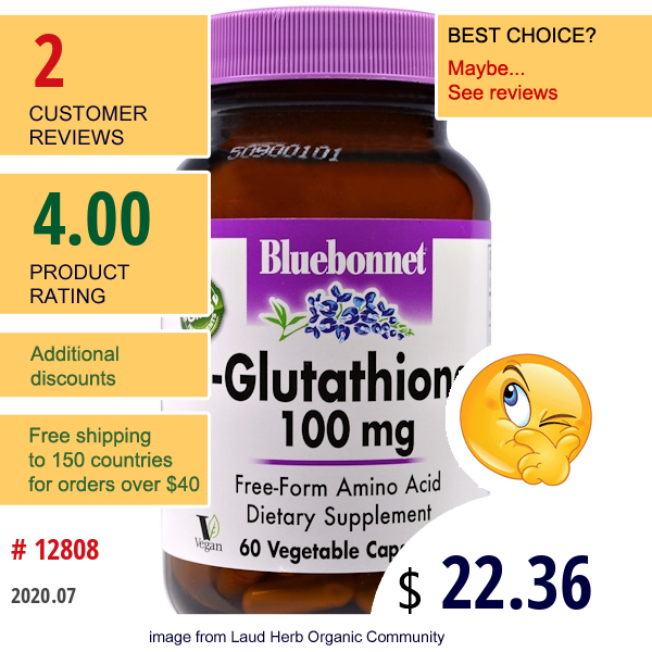 Bluebonnet Nutrition, L-Glutathione, 100 Mg, 60 Veggie Caps  