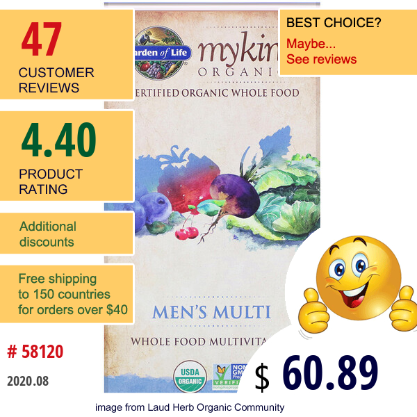 Garden Of Life, Mykind Organics, Men'S Multi, Whole Food Multivitamin, 120 Vegan Tablets