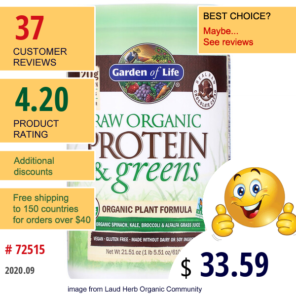 Garden Of Life, Raw Protein & Greens, Organic Plant Formula, Chocolate Cacao, 21.51 Oz (610 G)