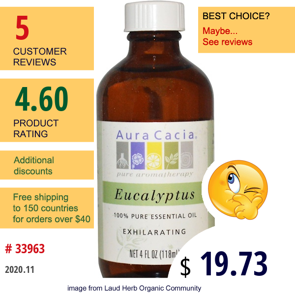 Aura Cacia, 100% Pure Essential Oil, Eucalyptus, 4 Fl Oz (118 Ml)  