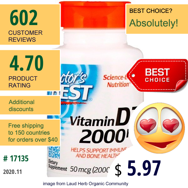 Doctor'S Best, Vitamin D3, 50 Mcg (2,000 Iu), 180 Softgels