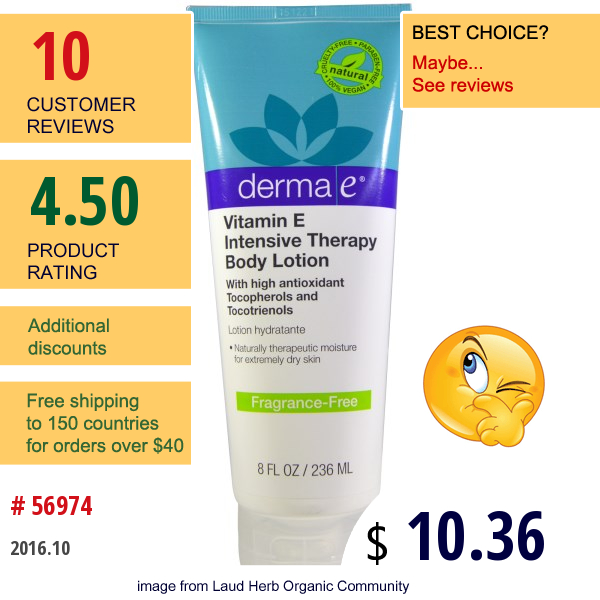 Derma E, Vitamin E Intensive Therapy Body Lotion, Fragrance-Free, 8 Fl Oz (236 Ml)