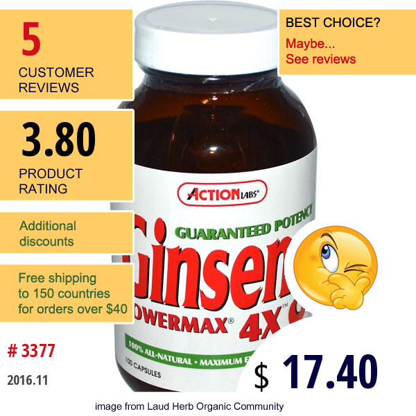 Action Labs, Ginseng Powermax 4X, 100 Capsules Action Labs, Ginseng Powermax 4X, 100 Capsules