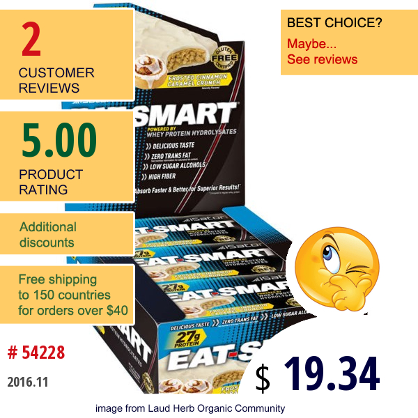Isatori, Eat-Smart Bar, Frosted Cinnamon Caramel Crunch, 9 Bars, 2.82 Oz (80 G) Each Isatori, Eat-Smart Bar, Frosted Cinnamon Caramel Crunch, 9 Bars, 2.82 Oz (80 G) Each