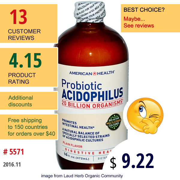 American Health, Probiotic Acidophilus, Plain Flavor, 16 Fl Oz (472 Ml)