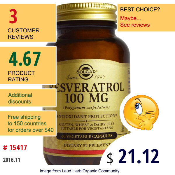 Solgar, Resveratrol, 100 Mg, 60 Veggie Caps Solgar, Resveratrol, 100 Mg, 60 Veggie Caps