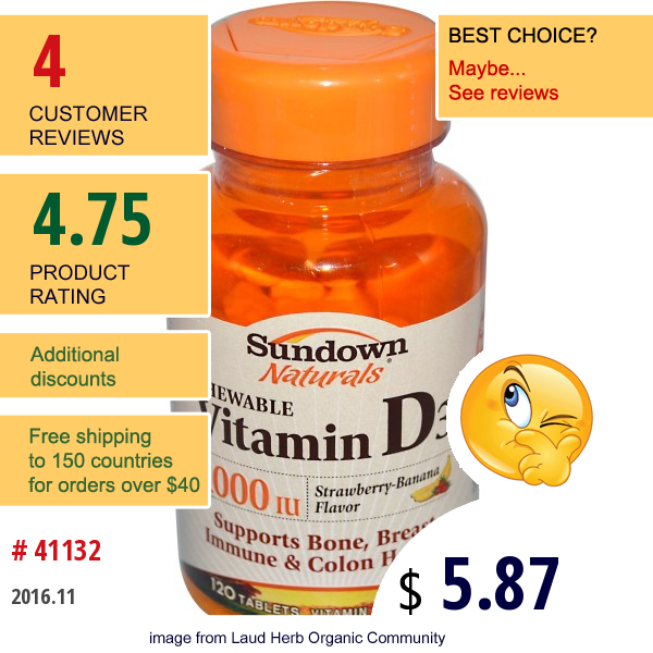 Rexall Sundown Naturals, Chewable Vitamin D3, Strawberry-Banana Flavor, 1000 Iu, 120 Tablets