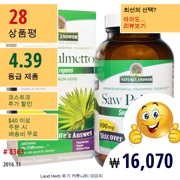 Natures Answer, 쏘팔메토, 풀 스펙트럼 허브, 690 Mg, 식물성 캡슐 120정