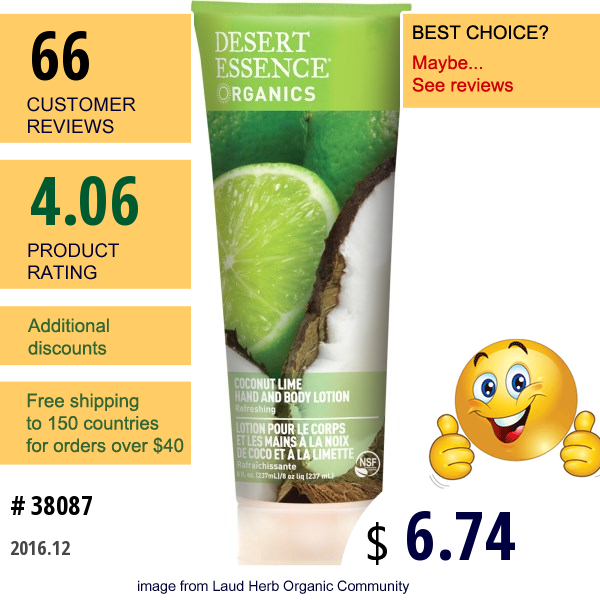 Desert Essence, Organics, Hand And Body Lotion, Coconut Lime, 8 Fl Oz (237 Ml)
