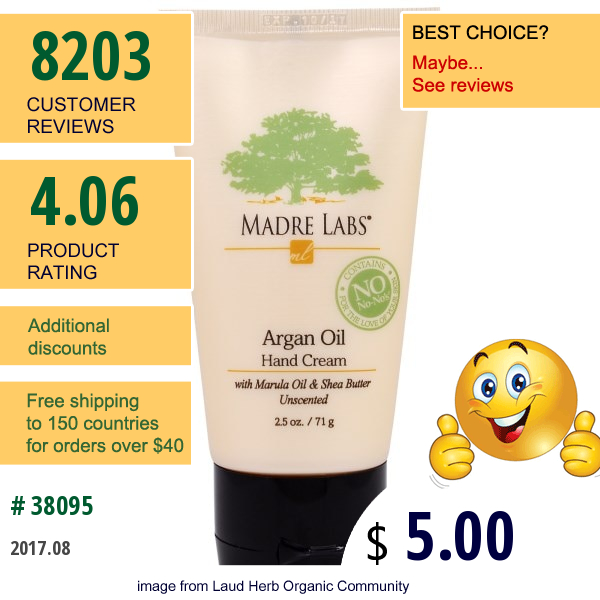 Madre Labs, Argan Oil Hand Cream With Marula & Coconut Oils Plus Shea Butter, Soothing And Unscented, 2.5 Oz (71 G)