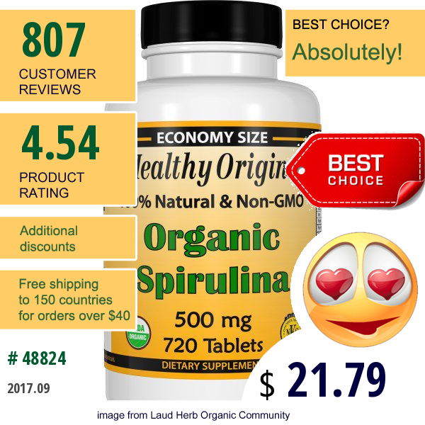 Healthy Origins, Organic Spirulina, 500 Mg, 720 Tablets