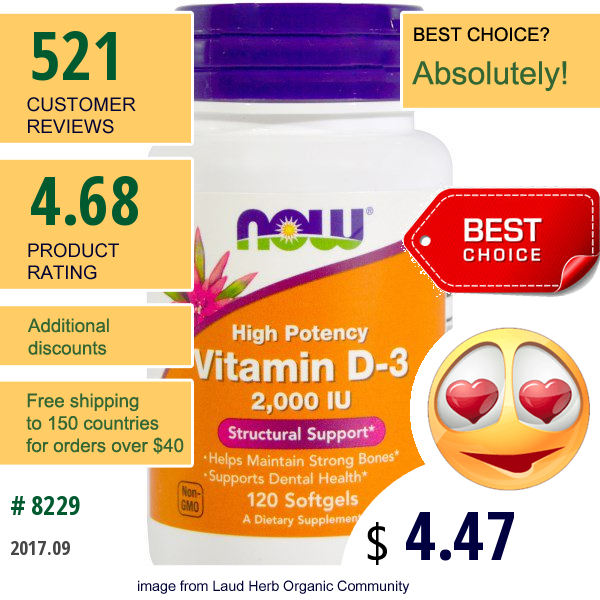 Now Foods, Vitamin D-3, 2,000 Iu, 120 Softgels