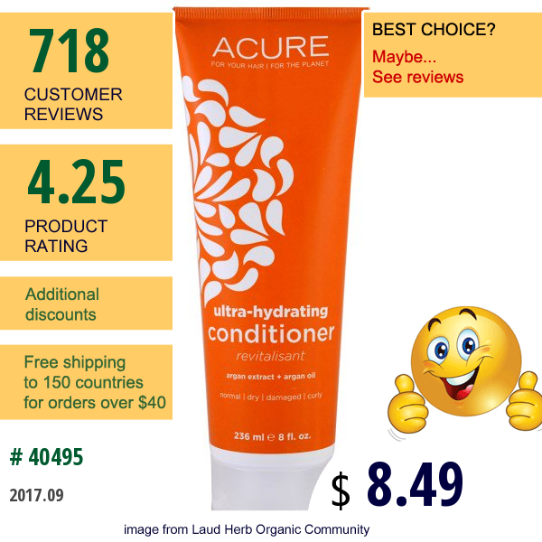 Acure Organics, Ultra-Hydrating Conditioner, Argan Extract + Argan Oil, 8 Fl Oz (236 Ml)