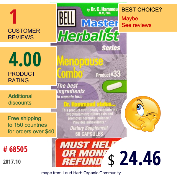 Bell Lifestyle, Master Herbalist Series, Menopause Combo, 60 Capsules  