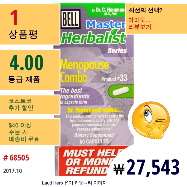 Bell Lifestyle, 마스터 허벌리스트 시리즈, 폐경기 콤보, 캡슐 60정  