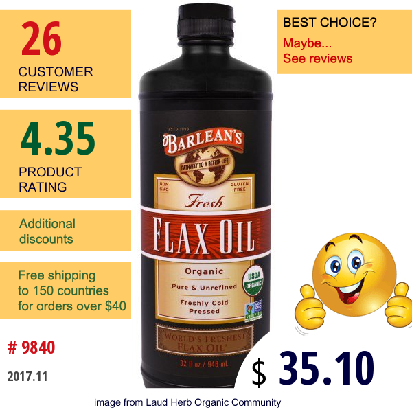 Barleans, Organic, Fresh Flax Oil, 32 Fl Oz (946 Ml)
