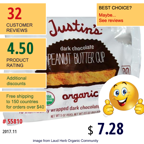 Justins Nut Butter, Organic Peanut Butter Cups, Dark Chocolate, 10 Wrapped Cups, 0.5 Oz (15 G) Each  