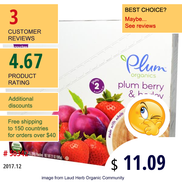 Plum Organics, Organic Baby Food, Plum Berry & Barley, 6 Pouches, 3.5 Oz (99 G) Each  
