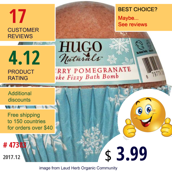 Hugo Naturals, Cupcake Fizzy Bath Ball, Cranberry Pomegranate, 6 Oz (170 G)