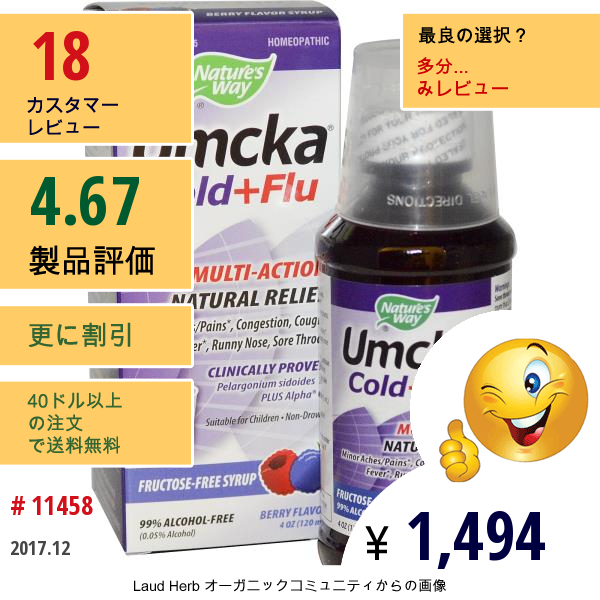 Natures Way, ウムッカ風邪+インフル、ベリーフレーバー、4 Oz (120 Ml)