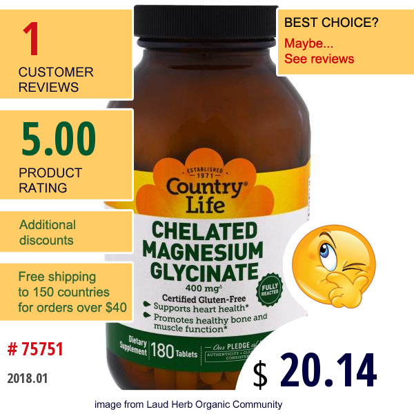 Country Life, Chelated Magnesium Glycinate, 180 Tablets