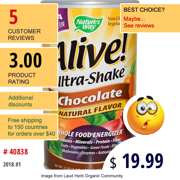 Natures Way, Alive! Ultra-Shake, Pea Protein, Chocolate, 21 Oz (597 G)  