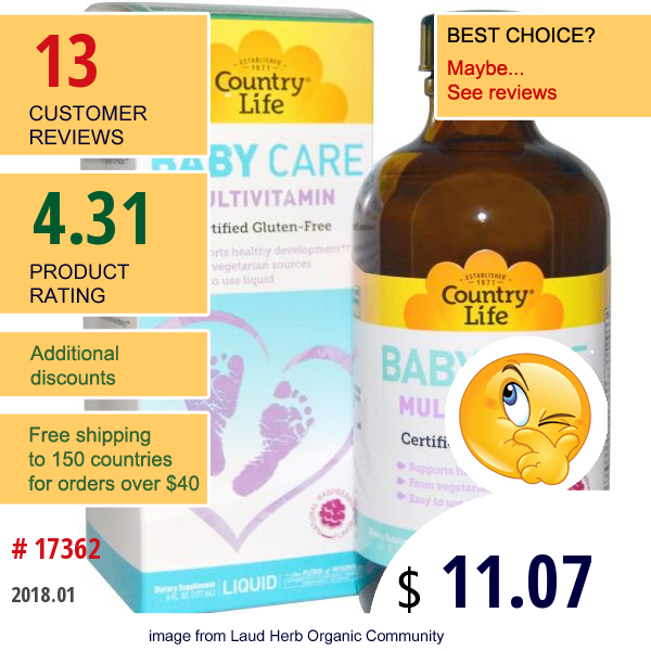 Country Life, Baby Care, Multivitamin, Liquid, Natural Raspberry Flavor, 6 Fl Oz (177 Ml)  