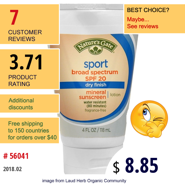 Natures Gate, Sport Mineral Sunscreen Lotion, Spf 20, Fragrance-Free, 4 Fl Oz (118 Ml)  