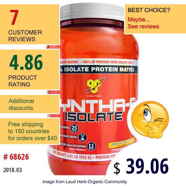 Bsn, Syntha-6 Isolate, Protein Powder Drink Mix, Chocolate Peanut Butter, 2.01 Lbs (912 G)  