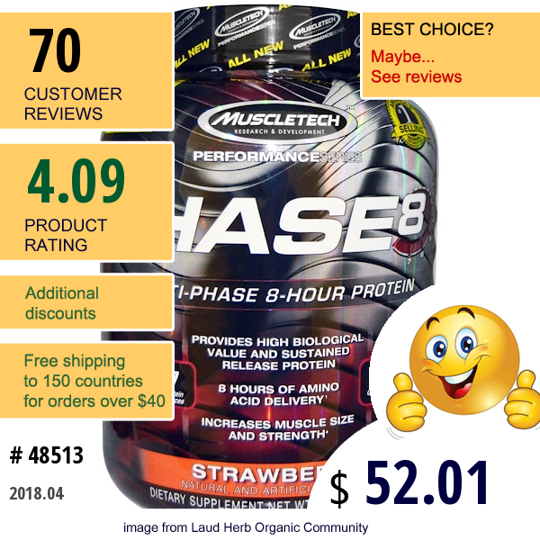 Muscletech, Performance Series, Phase8, Multi-Phase 8-Hour Protein, Strawberry, 4.60 Lbs (2.09 Kg)