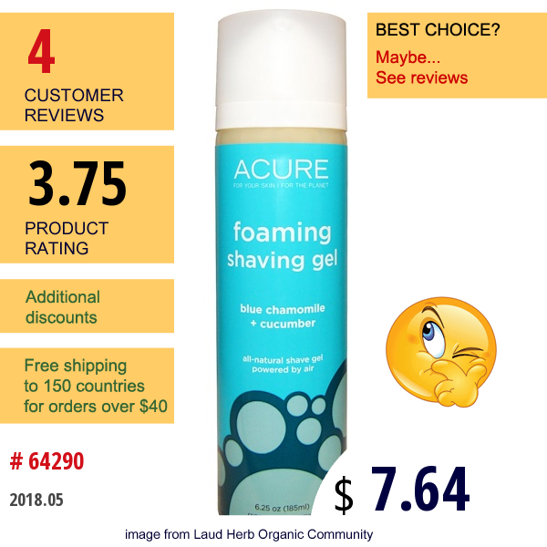 Acure Organics, Foaming Shaving Gel, Blue Chamomile + Cucumber, 6.25 Oz (185 Ml)  